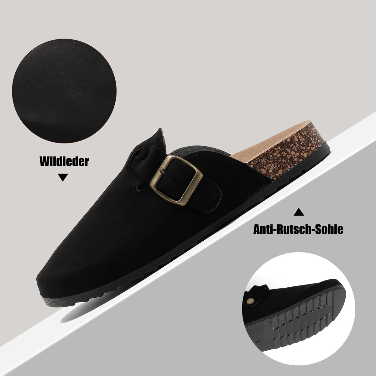 Unisex Clogs Pantoletten mit Kork Leder Hausschuhe Gartenschuhe mit Premium Fußbett