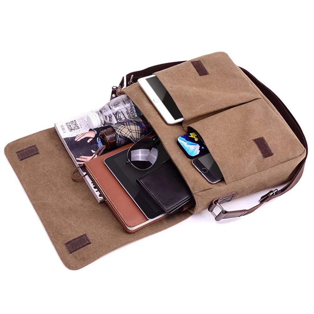 AUGUR Canvas Messenger Bag fur Herren Laptoptasche 13 Zoll Umhangetasche Vintage Herren Umhangetasche Mittlere Arbeitstasche (braun)