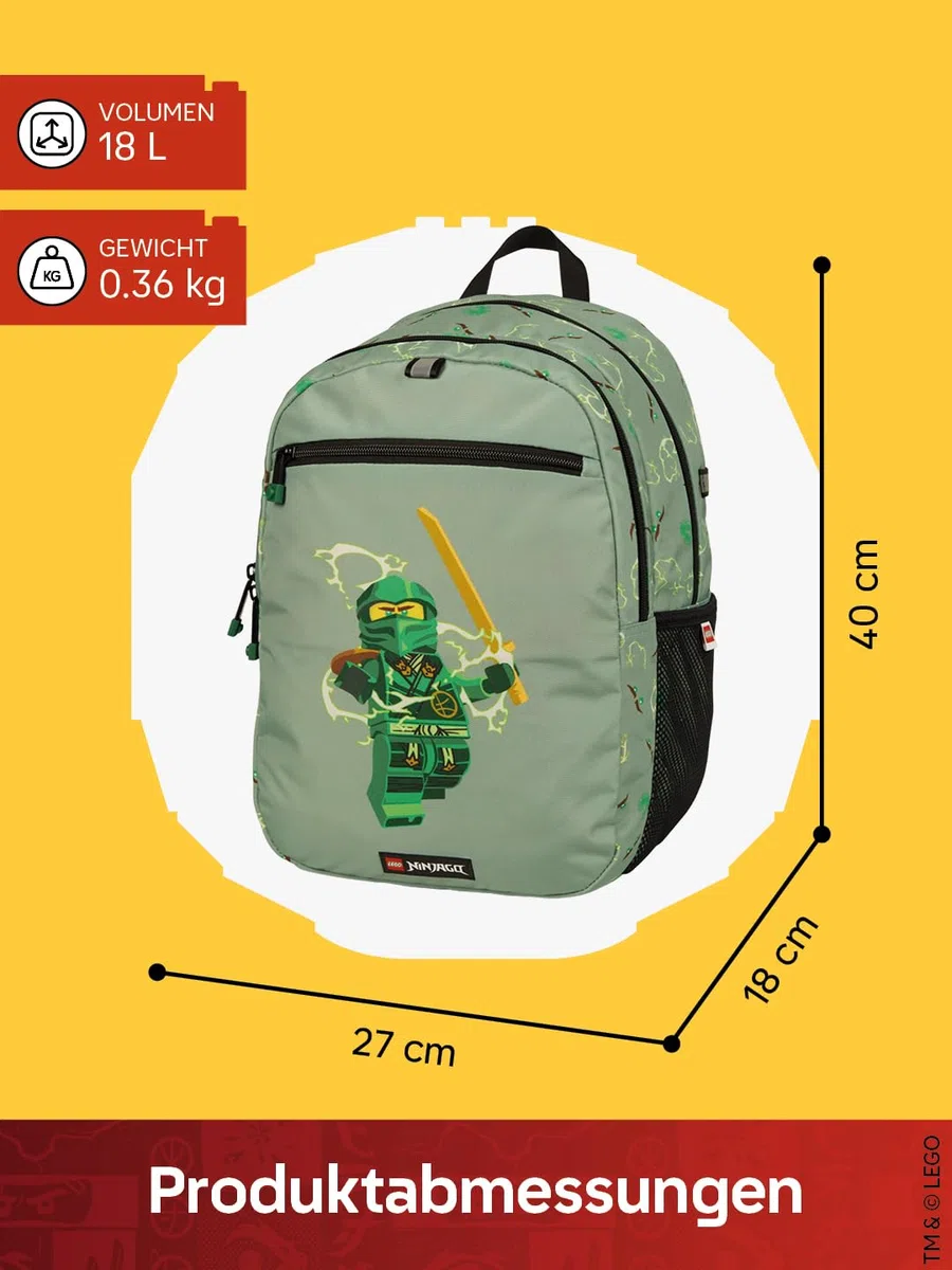 LEGO® NINJAGO® Wanderrucksack Kinder Spinjitzu Master – Kinderrucksack Jungen für Schule & Freizeit, 18 L Sportrucksack Kinder mit 2 Fächern, verstellbaren Gurten & Reflektoren