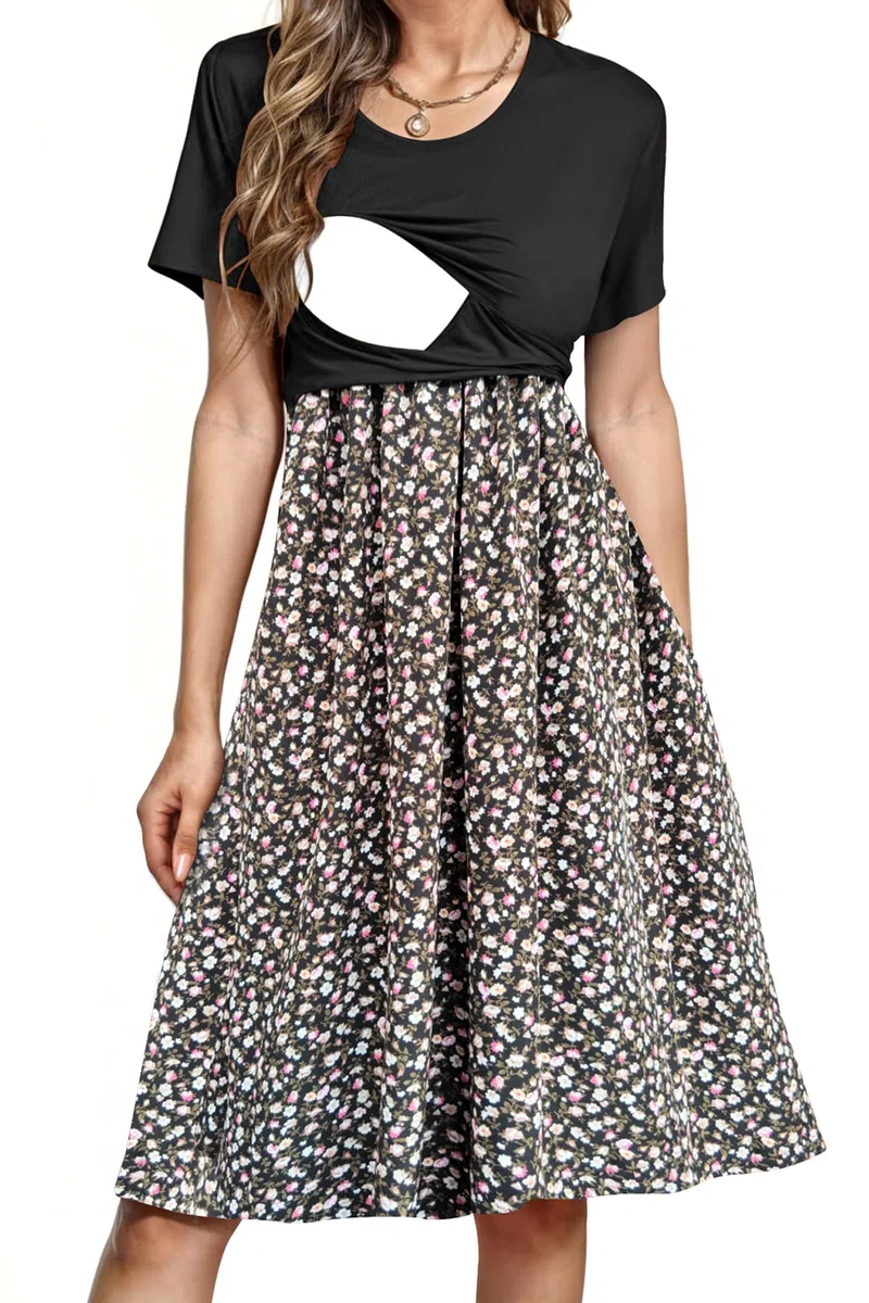 PARNIXS Damen Stillkleid Sommer Kurzarm Patchwork Schwangerschaft Kleidung mit Taschen
