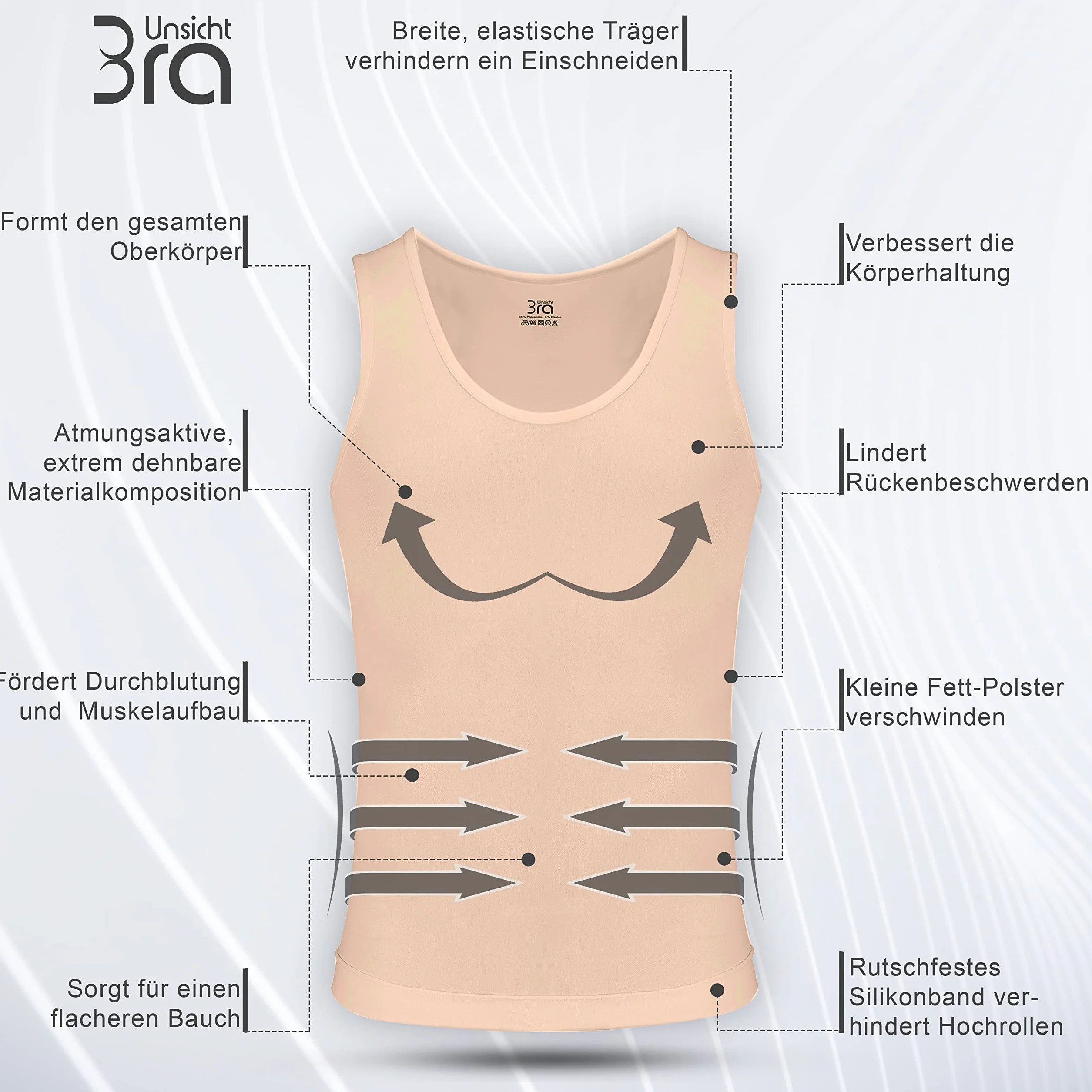UnsichtBra Shapewear Unterhemd Herren | Bauchweg Unterhemd | Kompressionsshirt/Body Shaper Funktionsshirt | Compression Shirt Slimming – Weiß, Beige, Schwarz