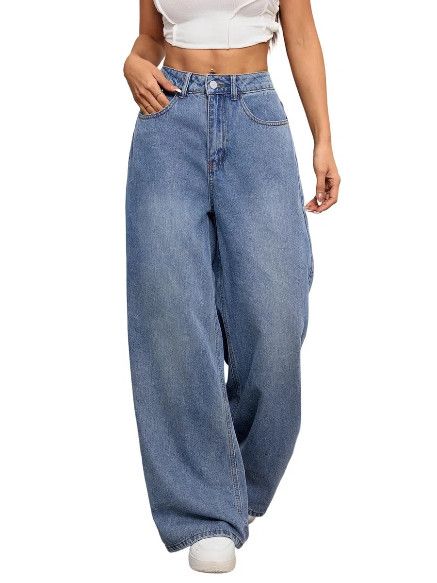 Damen Baggy Jeans Weite Beine Denim Hose Y2K 90er Vintage Hip Hop Loose