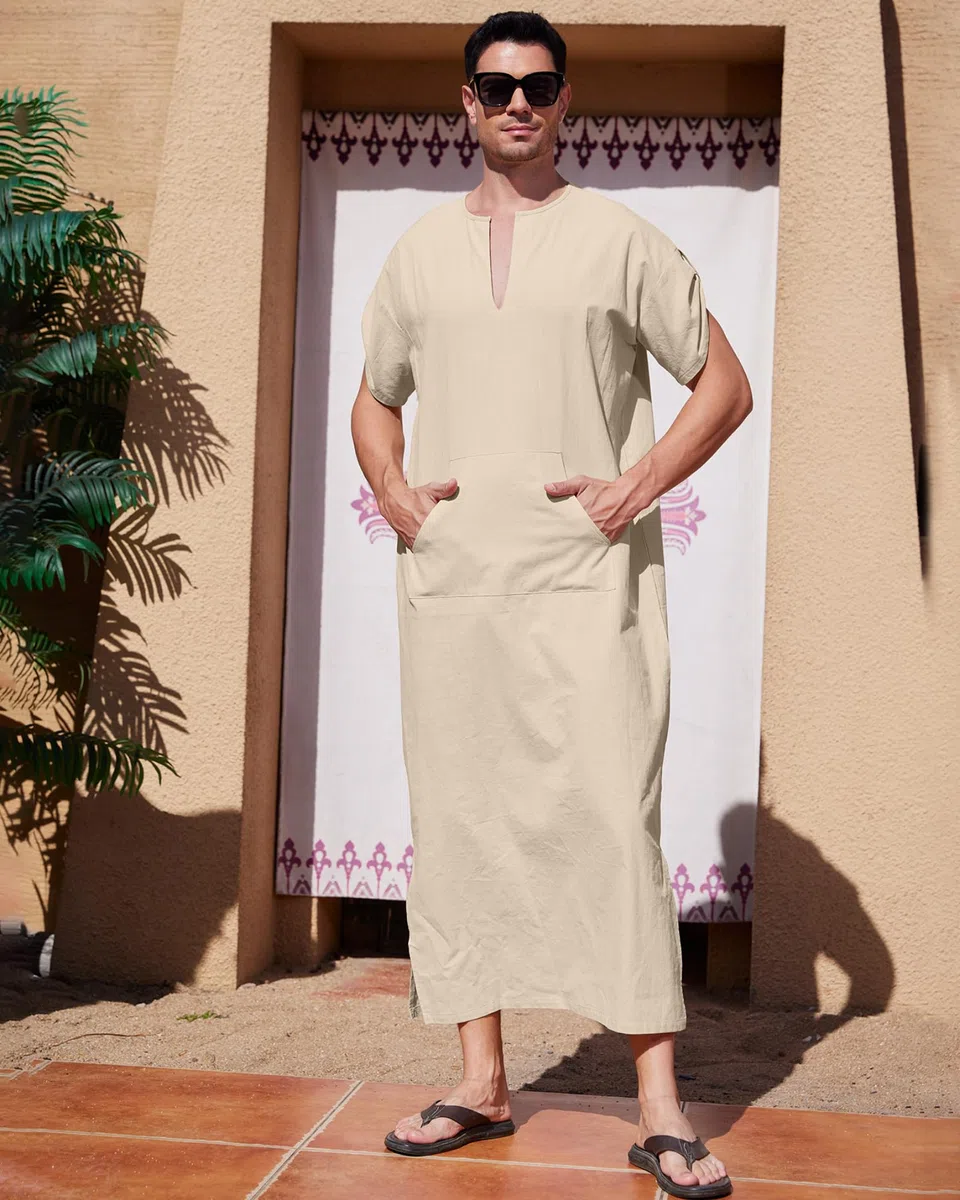 YAOHUOLE Herren Kaftan Seite Split Islamische Kleidung mit Taschen Leinen Kaftan Herren Thobe