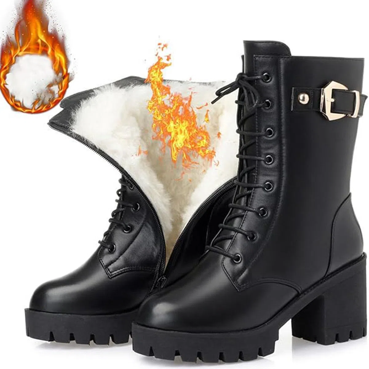 Winterstiefel Damen Mit Absatz Gefüttert Schwarz Schnürstiefel Chunky Heel Rutschfest Schneestiefel Hohe Stiefel Winter Warme Outdoorschuhe Biker Bequem Schlupfstiefel Damenstiefel Boots Retro Up