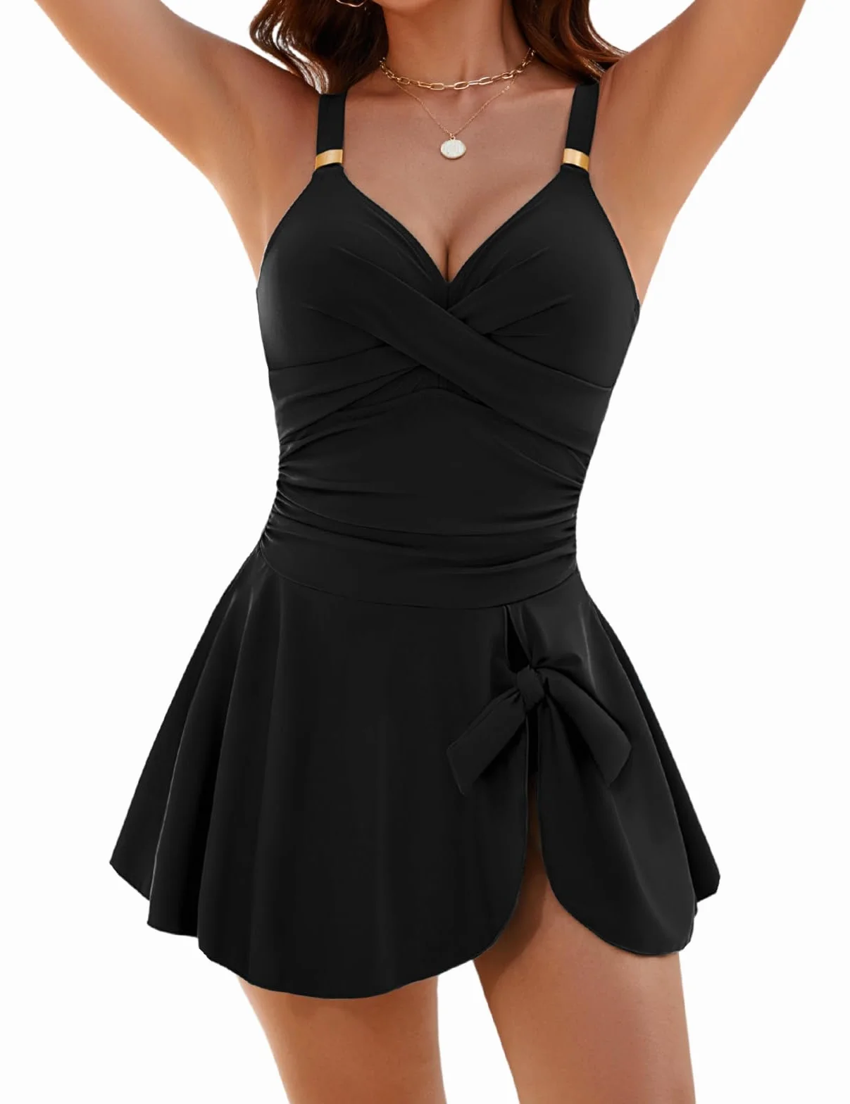 Nadeer Einteiliger Badeanzug Damen V-Ausschnitt Ruched Bauchweg Bademode Push Up Badeanzugkleid Schwimmanzug Elegant Metall Krawattenknoten Swimsuit