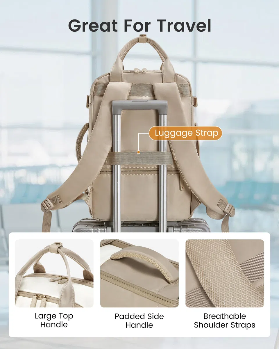 LOVEVOOK Reiserucksack Damen Groß, Handgepäck Rucksack Flugzeug 15.6 Zoll Laptop Travel Backpack Women Weekender Reisetasche Wasserdicht Carry On Cabin Luggage Bag für Business Reise, Beige Khaki