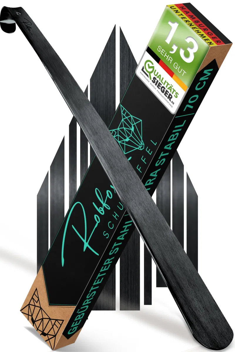 Robfox 70cm Schuhlöffel I extra stabiler Schuhanzieher aus gebürstetem Stahl I lange Schuhanziehhilfe I Rückenschonender Schuh Löffel in Premium Qualität (Schwarz)