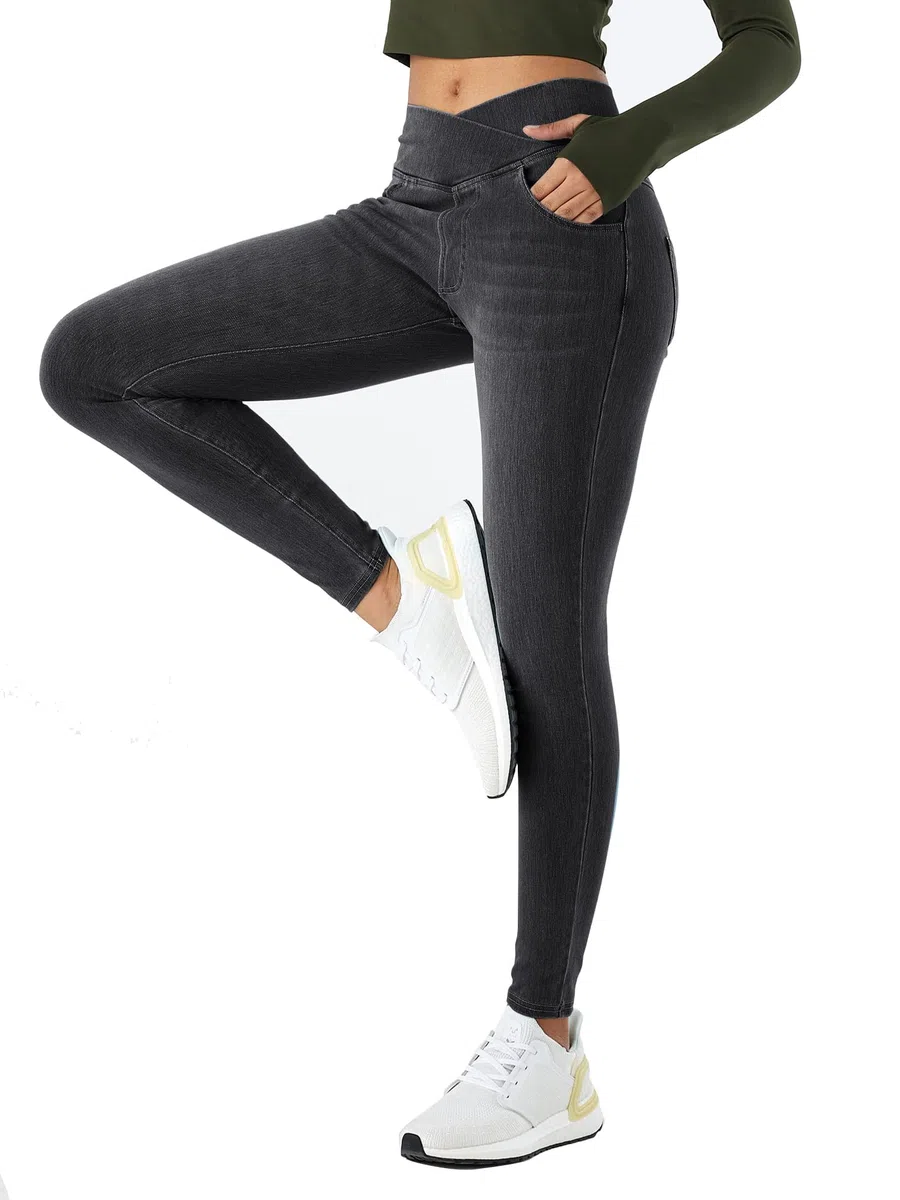LaiEr Damen V Crossover Skinny Jeans Hohe Taille Bauchkontrolle Casual Fitness Leggings, Weich und elastisch Casual Faux Denim Print mit Seitentaschen