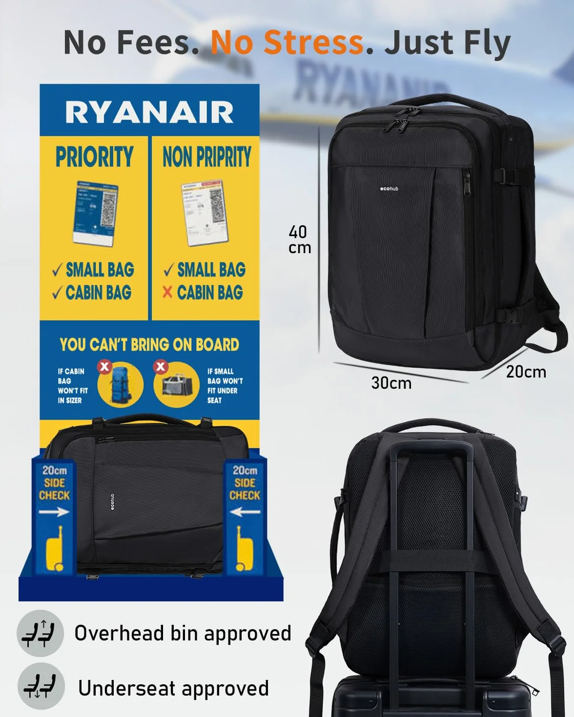 ECOHUB Handgepäck Rucksack Unter-Sitz, Ryanair Easyjet Personal Item Rucksack mit 13 Taschen, Leichter Reiserucksack aus Recyceltem PET für Flugreisen, Damen Herren, 40x30x20 cm 24L(Schwarz)