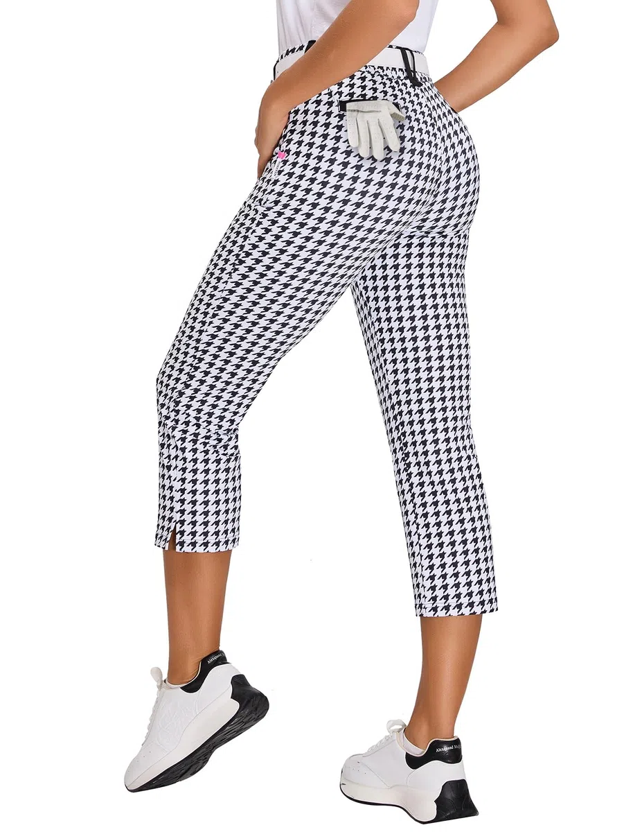 Golfhose Damen 7/8 Golf Hose Stretch mit Rechte Reißverschlusstasche Gürtelschlaufen Soft Golf-Hosen Caprihosen Leichte Jogginghose