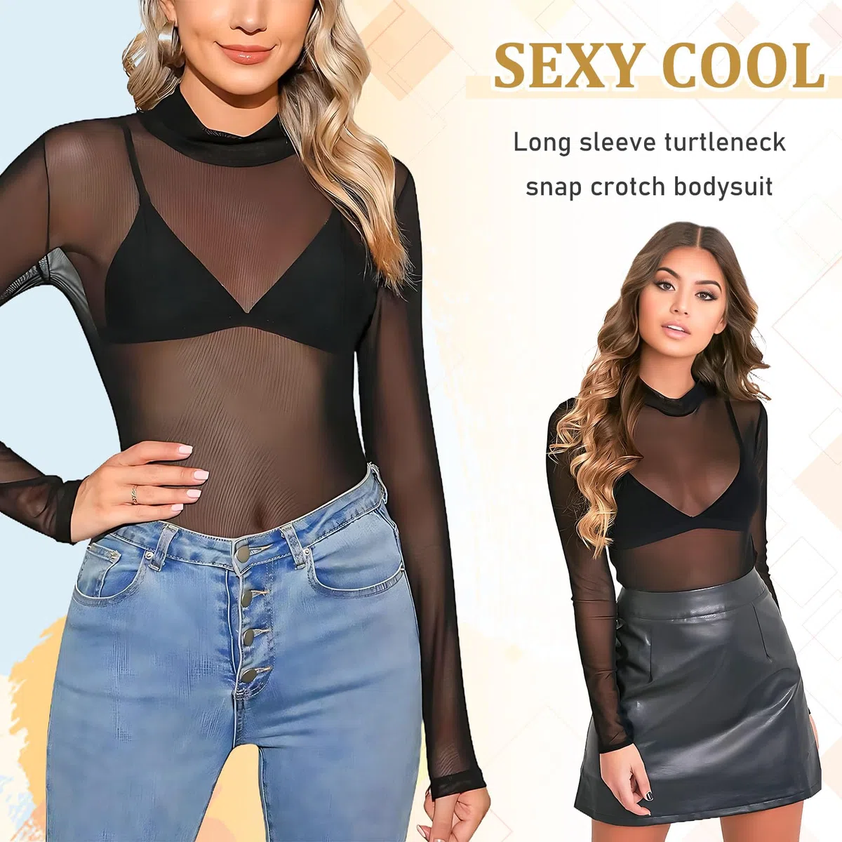 Damen Body - Sexy Sheer Mesh Langarm, Durchsichtiger Netzstoff-Bodysuit, Tops Unterziehbody Langarmbody für Frauen