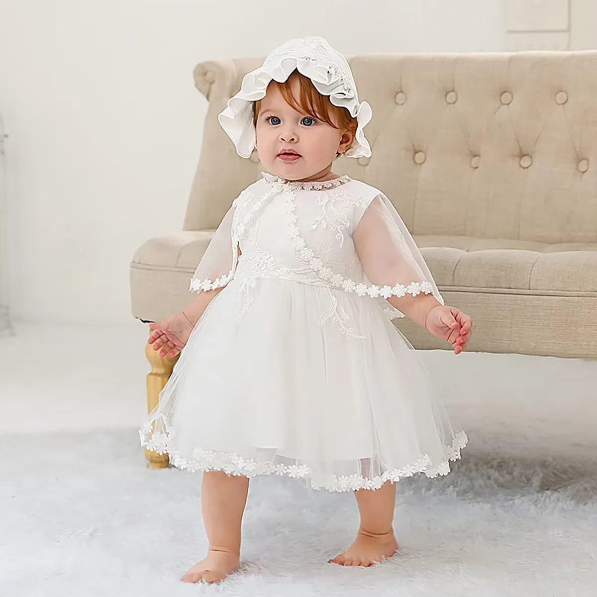Baby Mädchen Weiß Taufkleid mit Haube Neugeborenen Taufe Kleid Spitzenkleid für Hochzeit Geburtstag