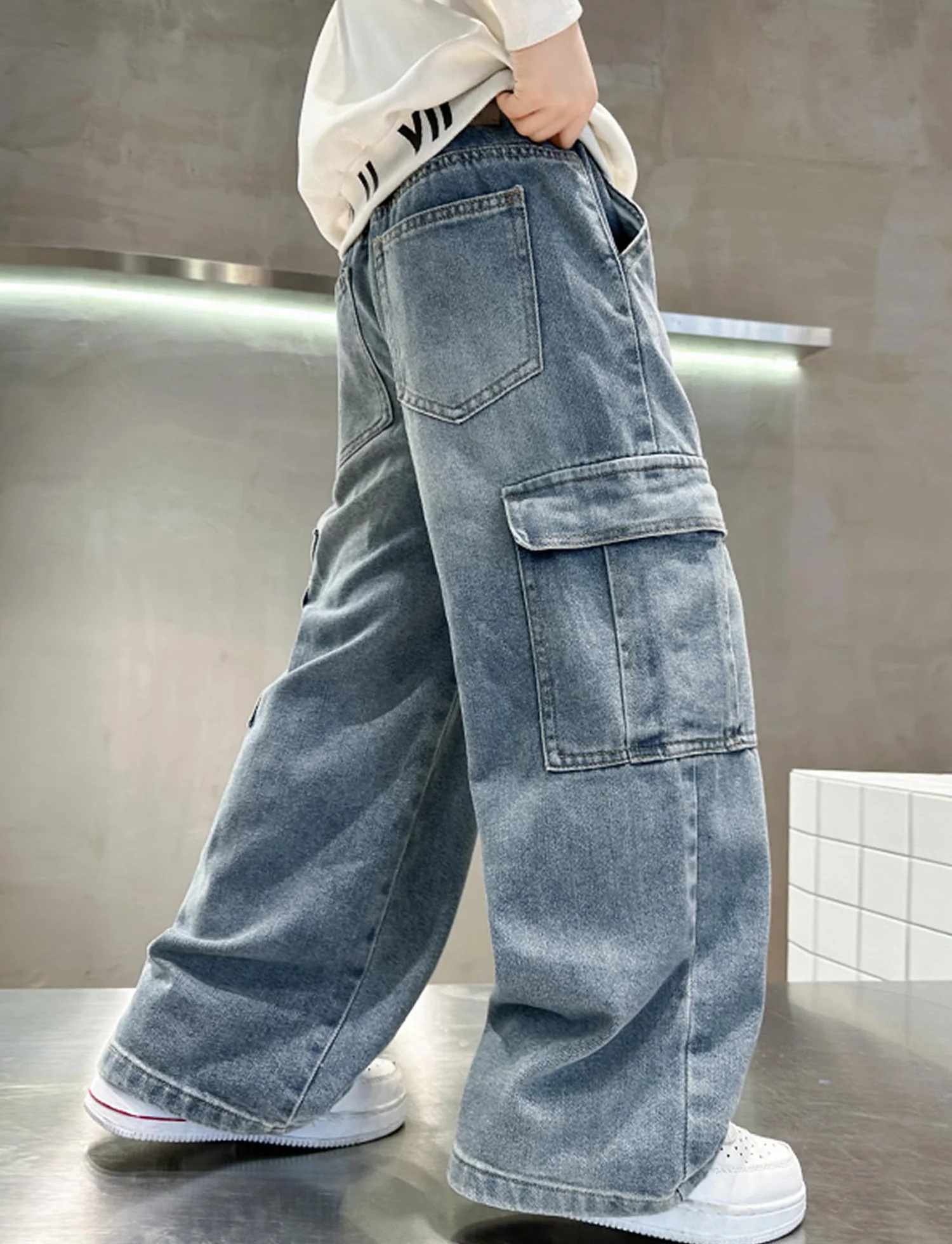 Happy Cherry - Baggy Jeans Jungen Teenager Denim Hose Jeanshosen Kinder 5-14 Jahre Vintage Streetstyle mit Elastischem Bund für Sommer Frühling Herbst Winter - 110-164