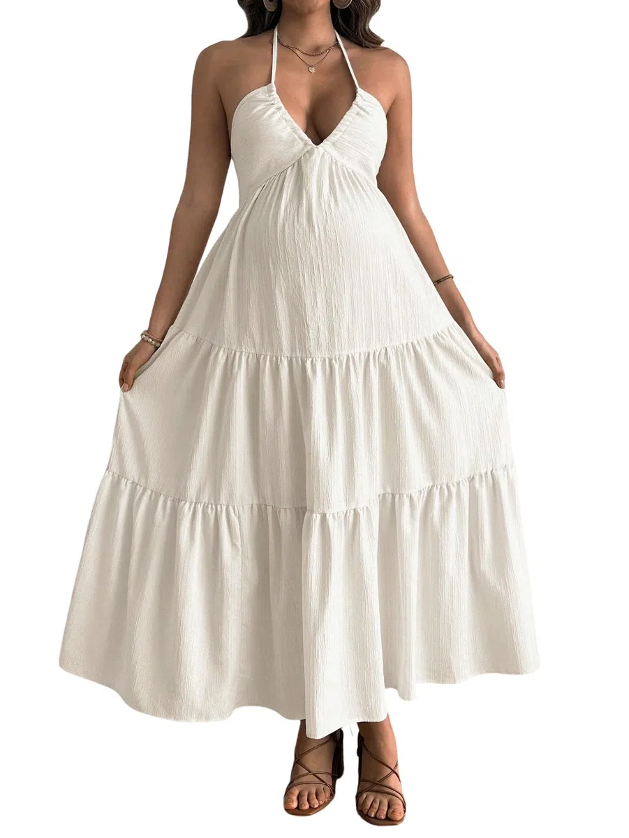 SweatyRocks Damen Boho Kleid Schwangere Maxikleid Neckholder Sommerkleid Rückefrei Umstandskleid Festlich Partykleid Sommer Outfits