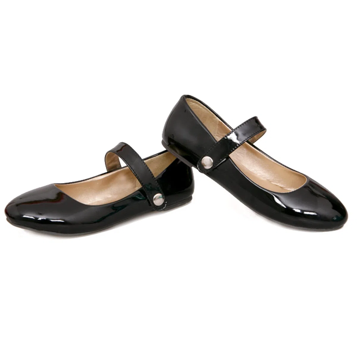 Mary Jane Halbschuhe für Damen Lackoptik Rund Flach 1cm, Bequeme Ballerinas mit Klettverschluss und Latex-Dämpfung für Büro Alltag City-Trip