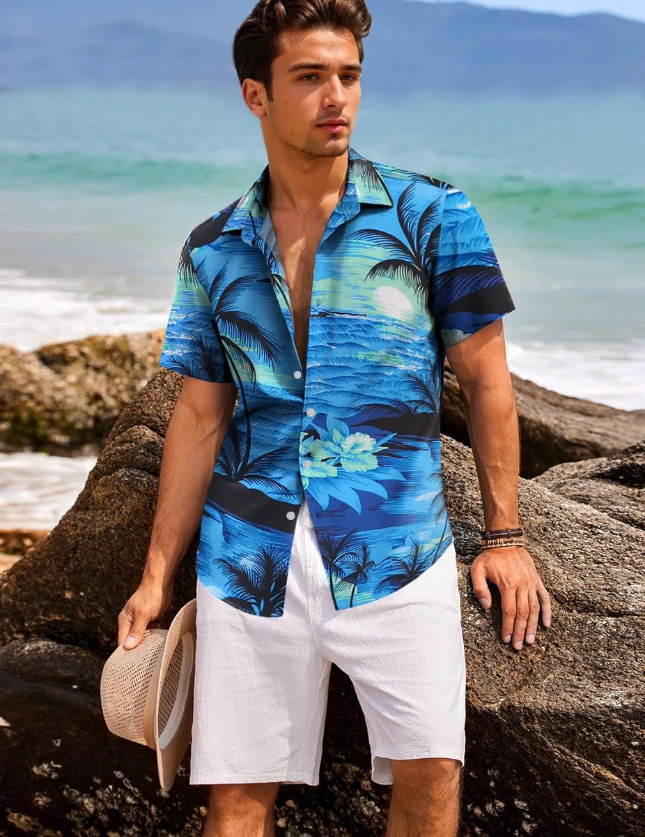 Hawaiihemd Männer Blumen Freizeit Strandhemd mit Brusttasche Atmungsaktiv Regular Fit Hawaii Shirt