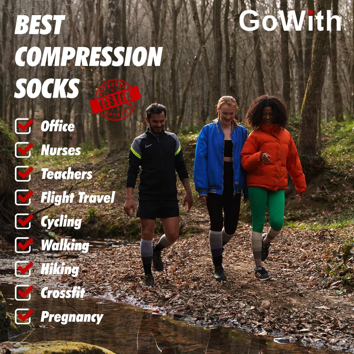 GoWith 2-1 Paar Bambus Kompressionsstrümpfe Damen & Herren (15-20 mmHg Klasse 1) Stützstrümpfe, Thrombosestrümpfe, Kompressionssocken, Plantarfasziitis Socken für Sport, Schwangerschaft 3590