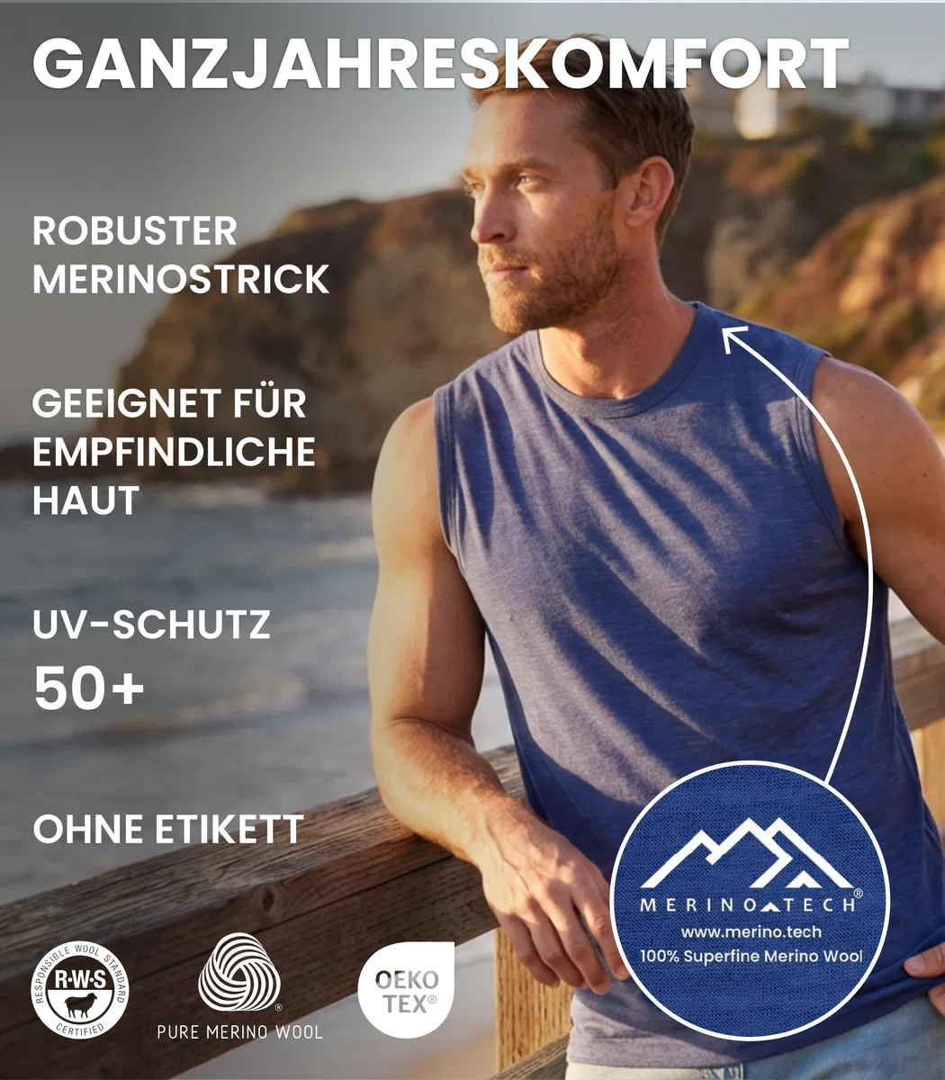 100% Merino Unterhemd Tank Top Herren – Ärmelloses Shirt Herren – Merino Unterwäsche Männer