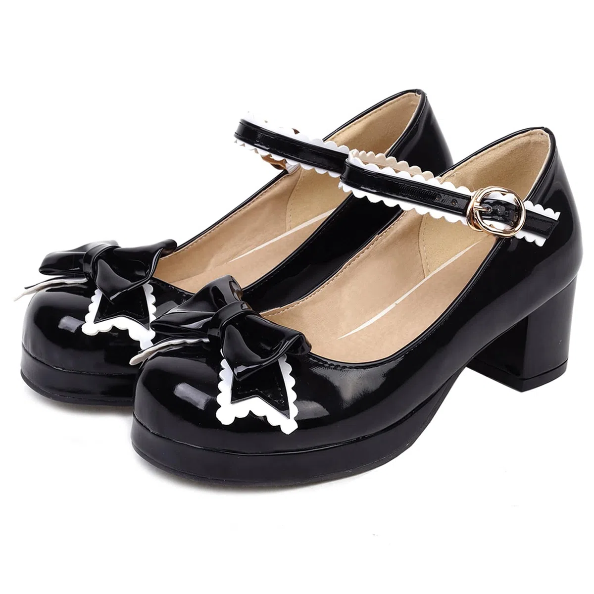 Damen Blockabsatz Mary Jane mit Plateau Bogen Mitte Absatz Schuhe Runde Zehen Schnalle Elegant Pumps, Gr 33.5-46
