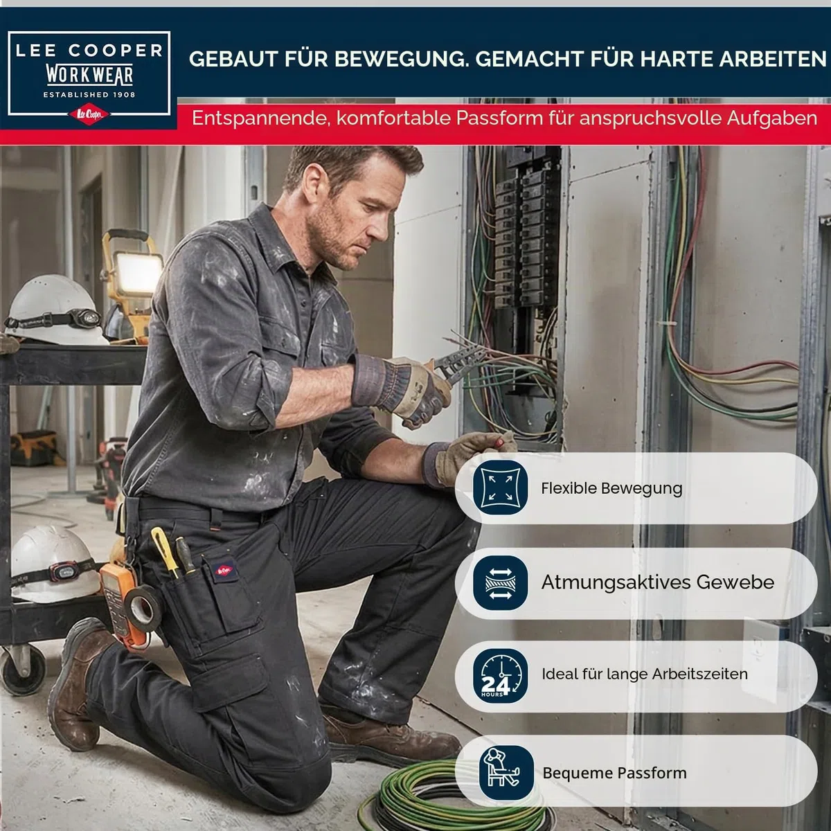 Lee Cooper Herren Cargo Arbeitshose mit Kniepolstertaschen 320 GSM – Workwear Hose Schwer Robust Multi Taschen, Sicherheits Arbeitshose Pflegeleicht für Bau Handwerk