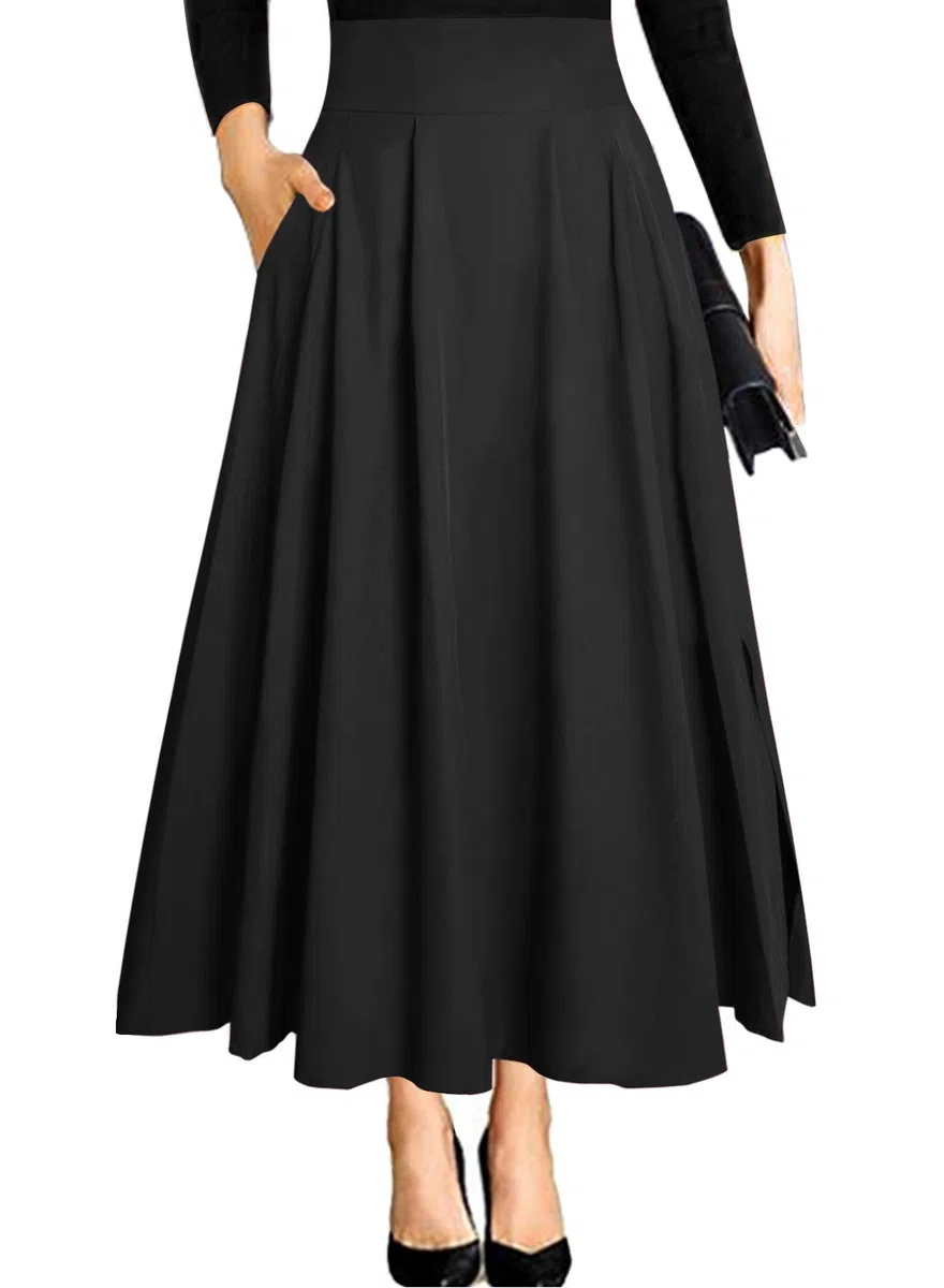 Damen High Waist Maxirock Taschen mit Seitenschlitz Langer A-Linie Rock