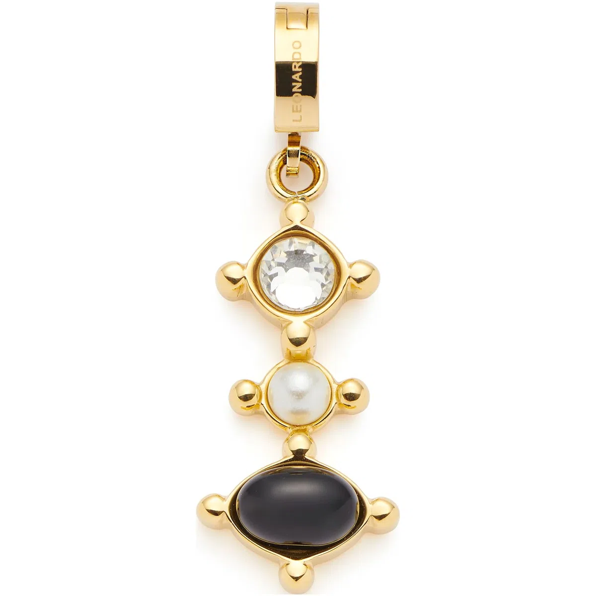 JEWELS BY LEONARDO Anhänger Clip & Mix Adelia, Ketten-Anhänger aus goldfarbenem Edelstahl, klarer Glasstein, weiße Imitationsperle und schwarzer Onyx, Schmuck Geschenk für Frauen, 024427