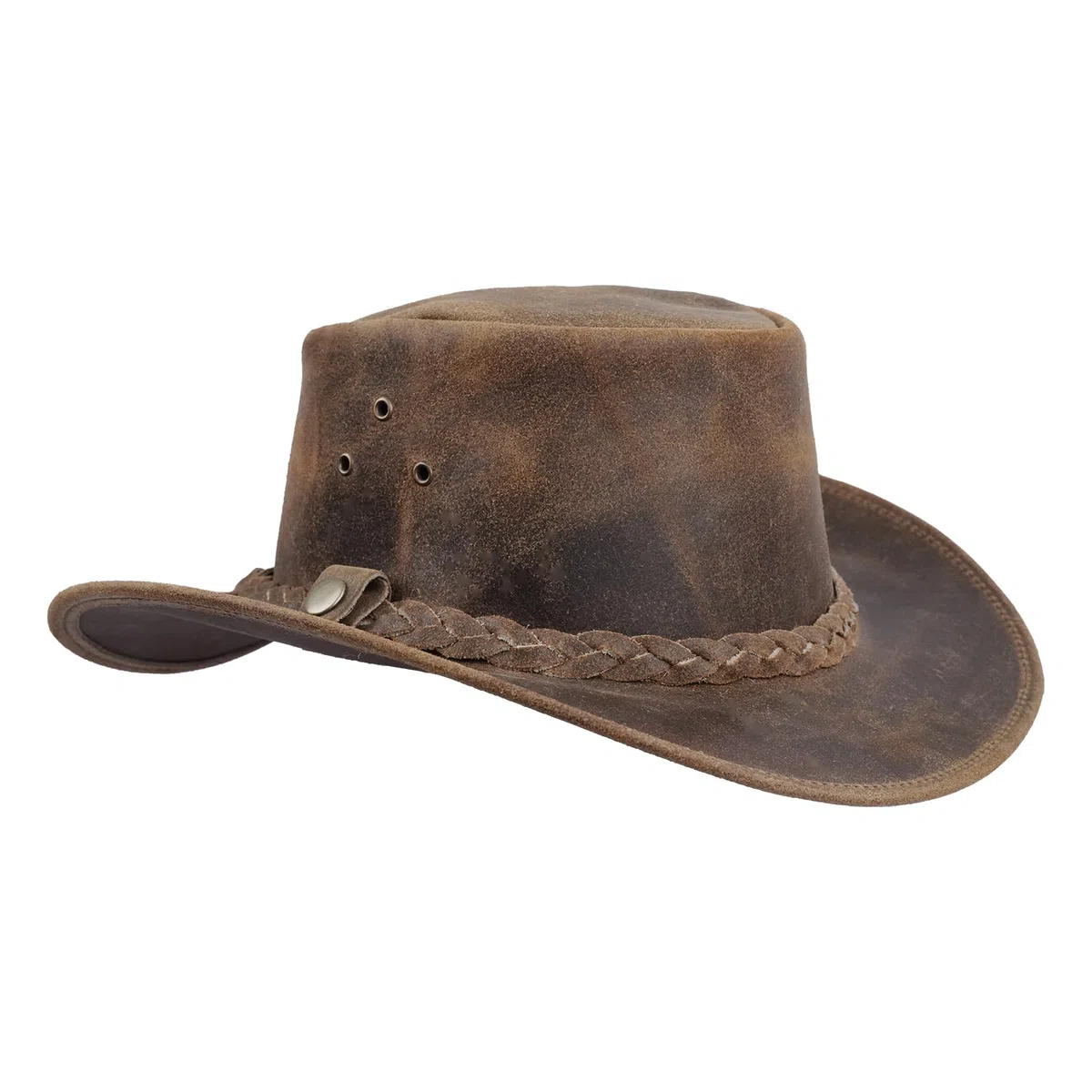 Leatherick Cowboyhut für Herren – Western Aussie Style Outback-Hüte aus echtem Crazy Horse-Leder mit Kinnriemen