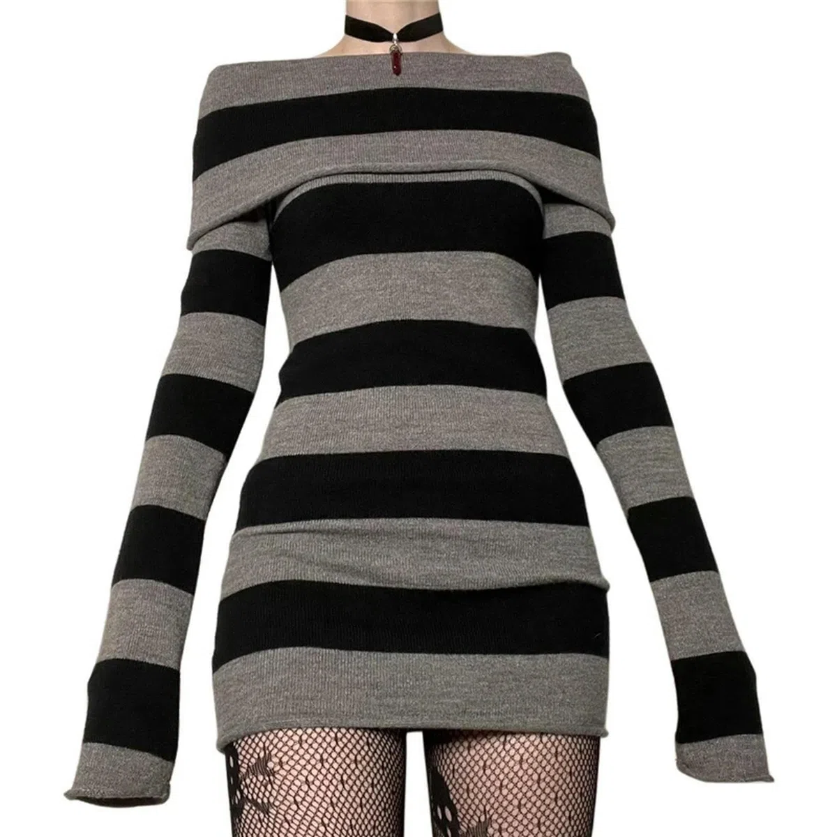 Goth Kleider Punk Gothic Witchy Dark Academia Damen Off Shoulder Strickkleid y2k Fairy Grunge Kleider Halloween Wear