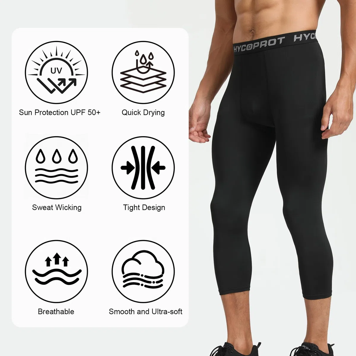 HYCOPROT Herren 3/4 Kompressionshose Schnelltrocknende Laufhose Tights Sport Leggings Atmungsaktiv Funktionsunterhose Tight Hose für Basketball Fitness Joggen