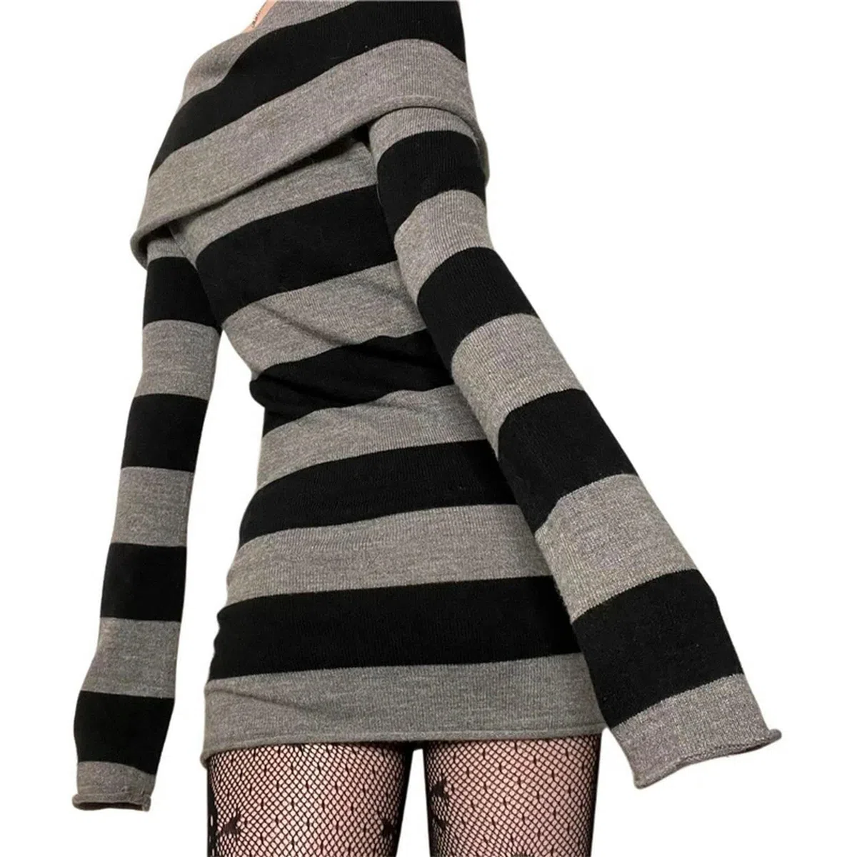 Goth Kleider Punk Gothic Witchy Dark Academia Damen Off Shoulder Strickkleid y2k Fairy Grunge Kleider Halloween Wear