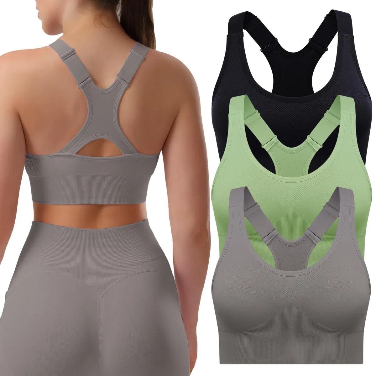 Sport-BHS für Damen im 1/3er-Pack, Racerback, Hoher Halt, Verstellbare Träger – Gepolsterte, Nahtlose Yoga-BHS fürfür Fitness, Laufen & Joggen