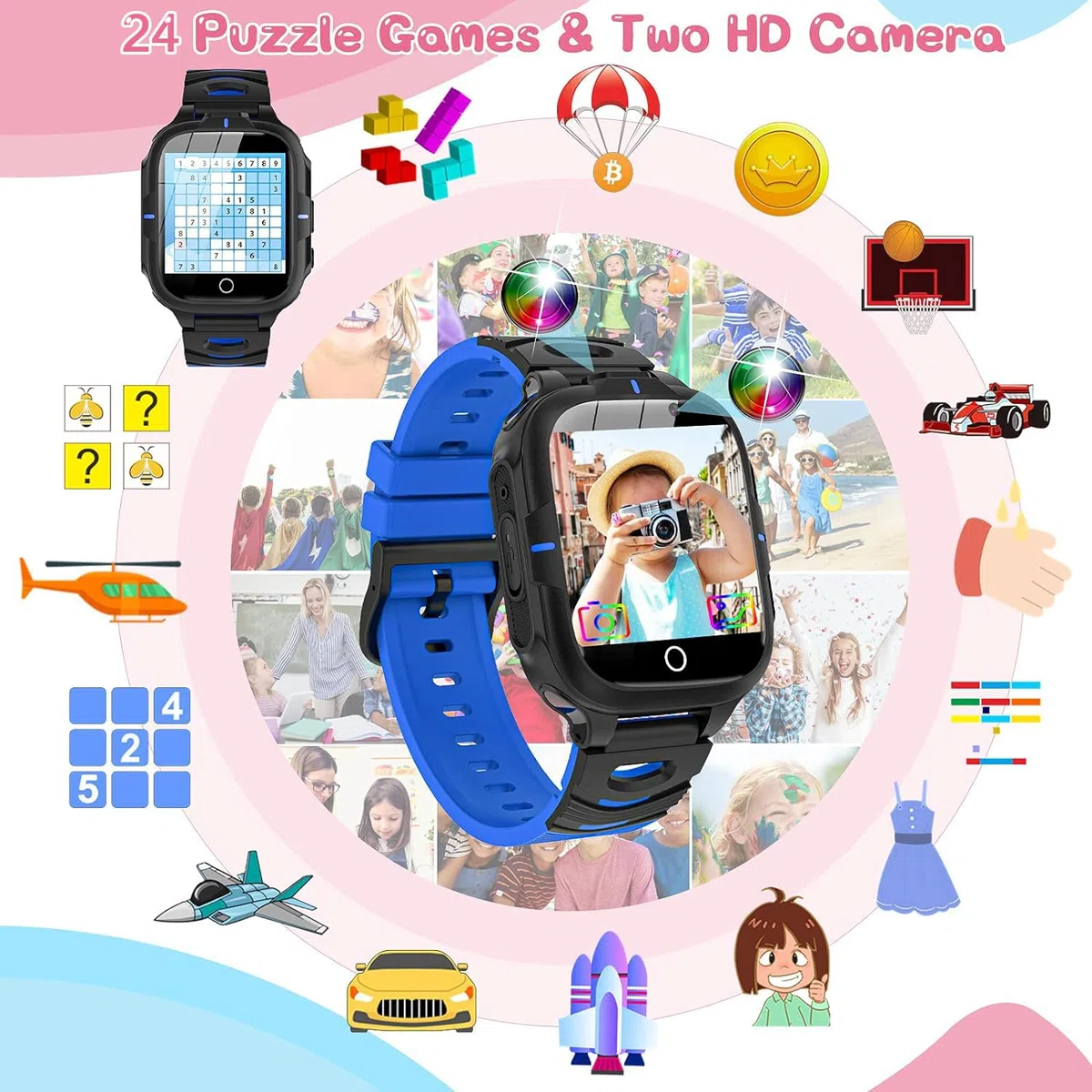 Smartwatch für Kinder Mit Telefon, SOS, 24 Spiele, MP3 Musik, Wecker, Recorder - Geschenk für Jungen und Mädchen (1 GB Micro-SD-Karte Enthalten)