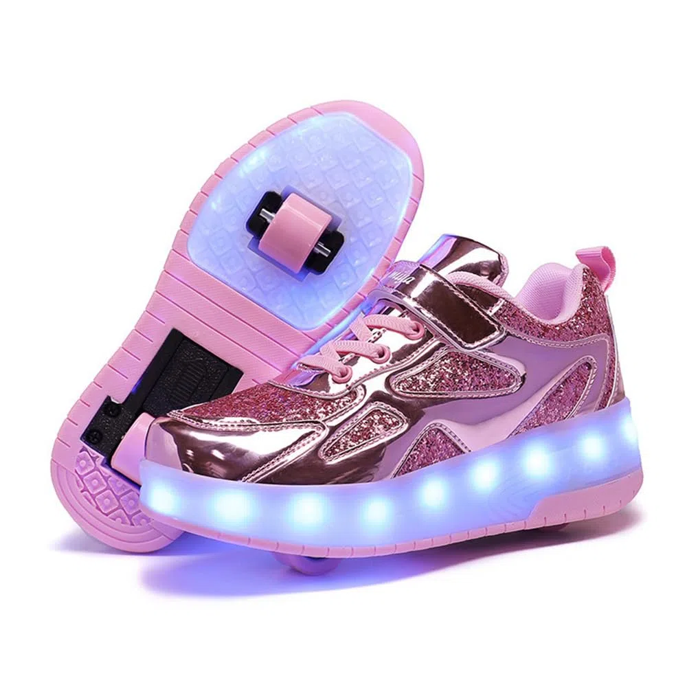 Mateju Kinder Schuhe mit Rollen für Jungen Mädchen 2-in-1 Rollschuhe Versenkbarer Doppelt Rollen Funkelnde Pailletten Outdoor Sportschuhe Roller Schuhe Turnschuhe Skateboardschuhe