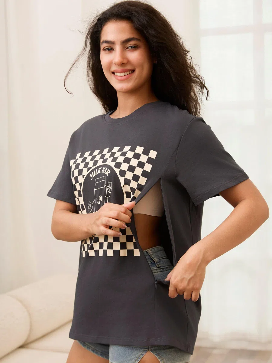 Stillshirt Damen Kurzen mit Reißverschluss Umstandsmode zum Stillen T-Shirts für Schwangere Stilltops Sommer