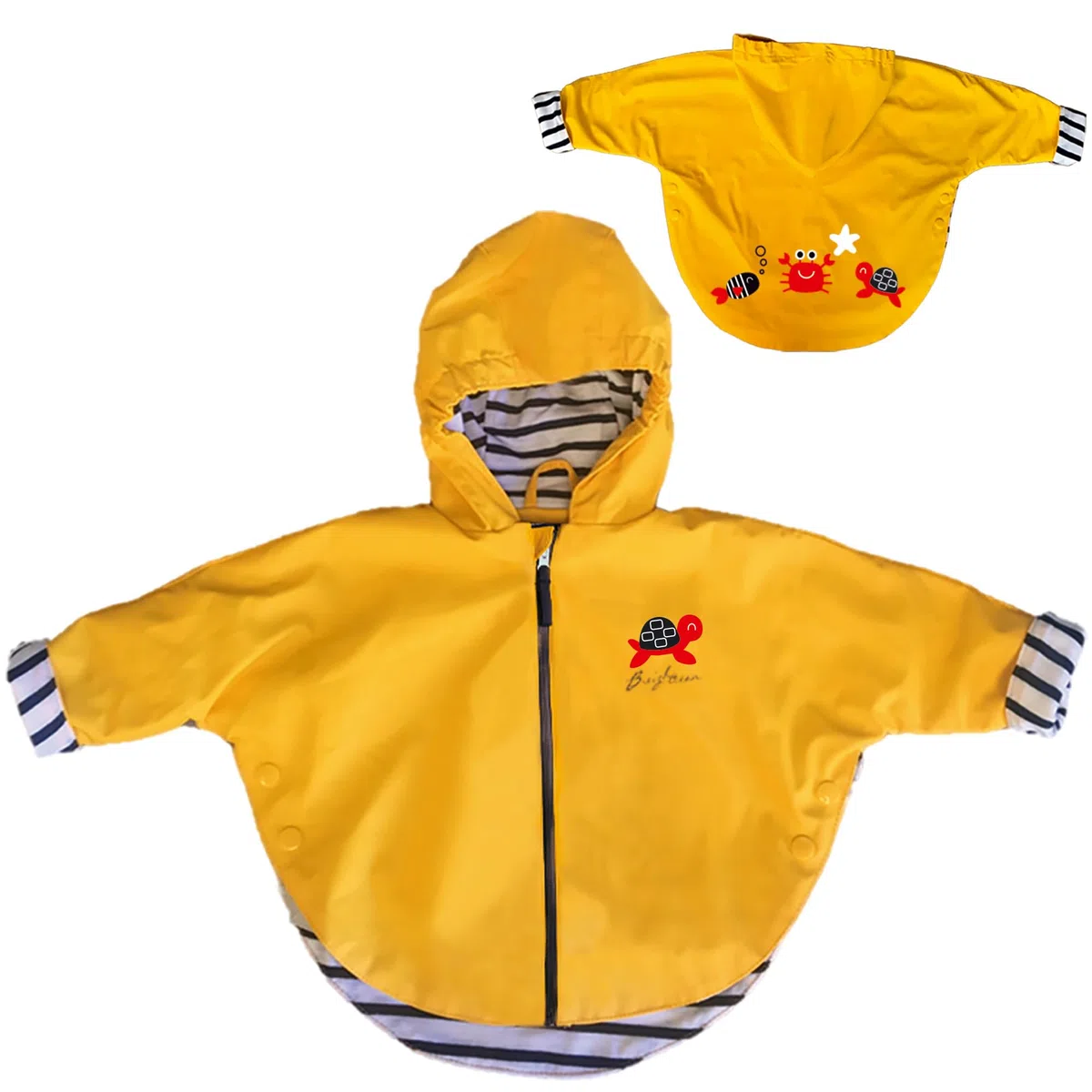 Breizh Ocean – Tudy – Unisex Baby, Kleinkind Regenmantel mit Reißverschluss, Wasserdicht, mit Kapuze, gestreiftes Innenfutter, Stickerei auf dem Rücken - 6 bis 24 Monate