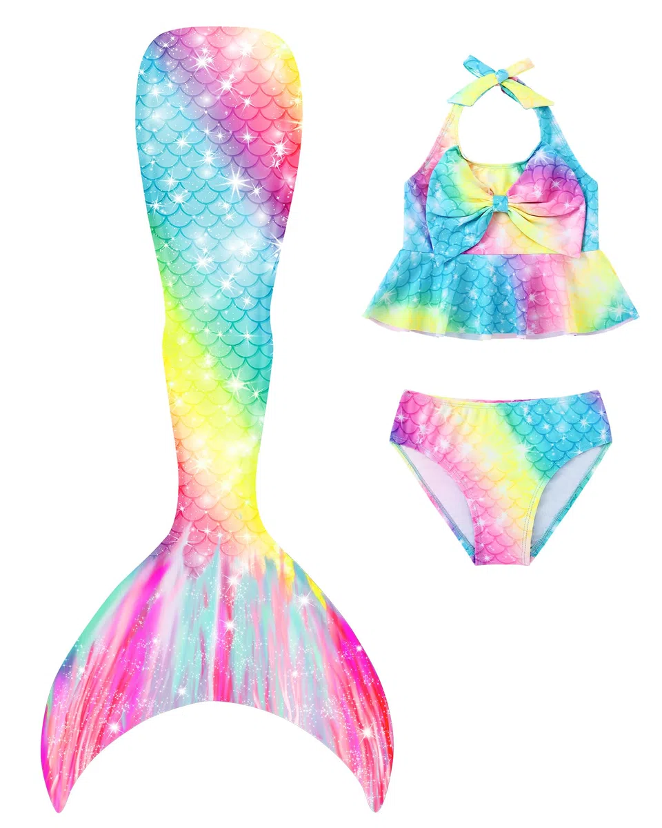 Mädchen Badeanzug Meerjungfrau 3PCS Prinzessin Badeanzug Tankini für Kinder Schleife Rüschen Neckholder Bademode