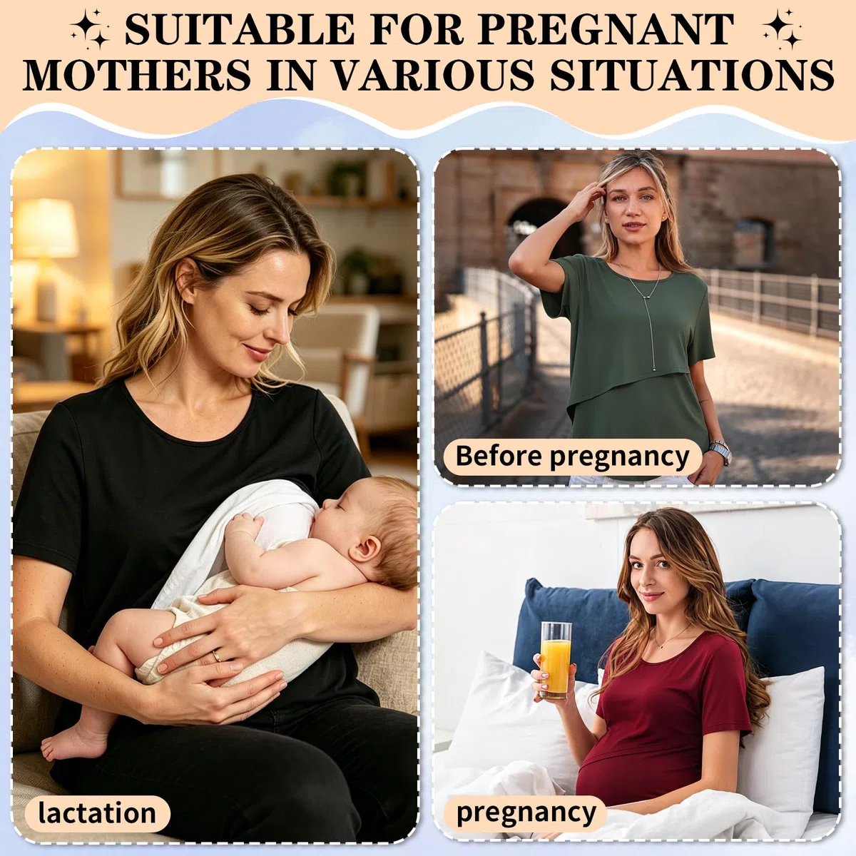 GEEKEO 3er Pack Stilltops Damen, Mode Seitenschlitze Stilltee Kurzen Umstandsmode, Soft Nursing Top für Schwangere, Sommer Damen Stilltop für Schwangere