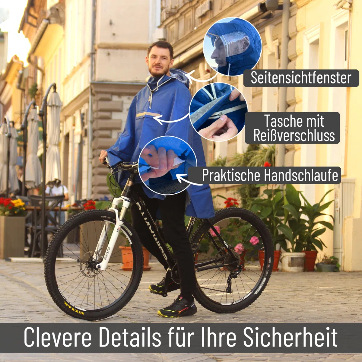 Regenponcho Fahrrad extra wasserdicht und robust - TEST SEHR GUT - Premium Regencape Fahrrad mit Reflektoren, Sichtfenster - Regenbekleidung als Regenponcho Herren und Damen - Regenjacke