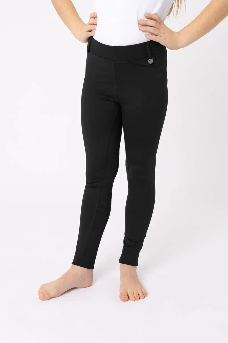 HORZE Kinder Reitleggings DEA, Reithose Mädchen, Gürtelschlaufen, Vollbesatz, Handytasche, Schwarz, 134/140